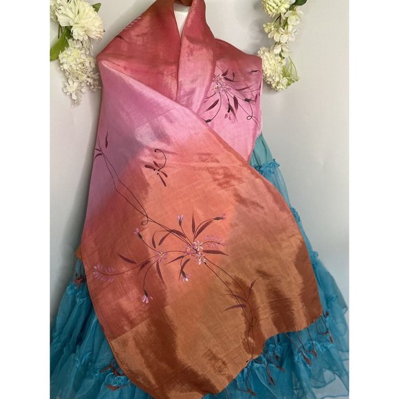 100% Silk Hand Painted Rectangular Scarf Dragonfly Design 16" X 60" Ombre Pink - Picture 1 of 16